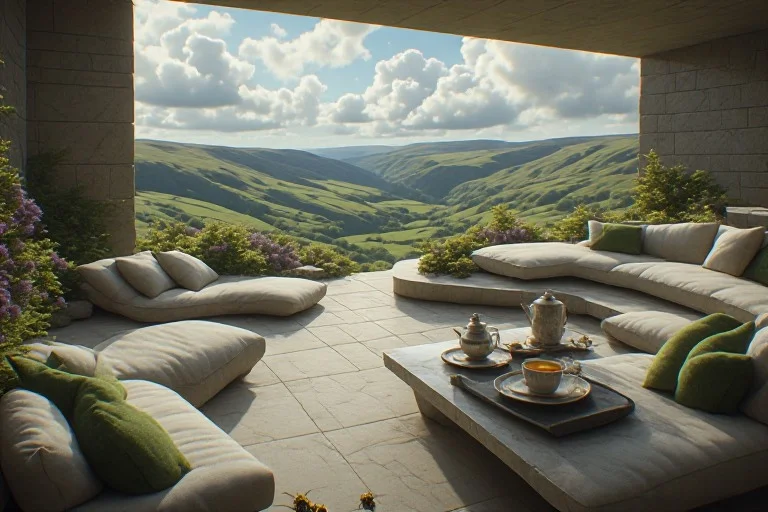 A quiet threshold — green cushions, open sky, rolling hills beyond